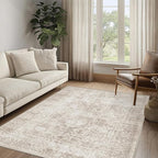 FMFUNCTEX 4x5 Washable Area Rug Neutral Vintage Beige Non Slip Low Pile Traditional Indoor Carpet for Entryway Living Room Bedroom Soft Retro Floral Mat Throw Rug for Dining Office Kitchen Entryway