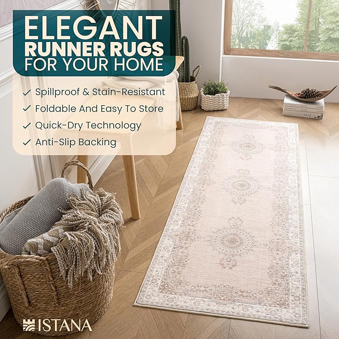 Istana Hallway Runner Rug 2.5x8 – Beige Entryway Rug -Silk's Soft Touch Runners for Hallways - Stylish Kitchen Runner Rug Non Slip