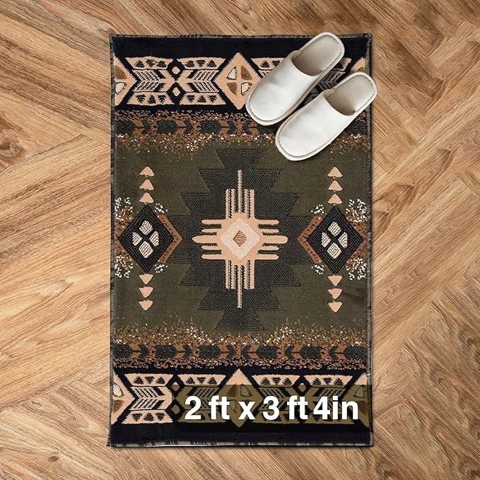 YHSF South West Native American Area Rug C318 - Easy Clean, Thick, Soft, Durable Native Tribal American Indian Inspired Rug for Bedroom/Living Room and More - Sage Green, 2 Feet x 3 Feet 4 Inches