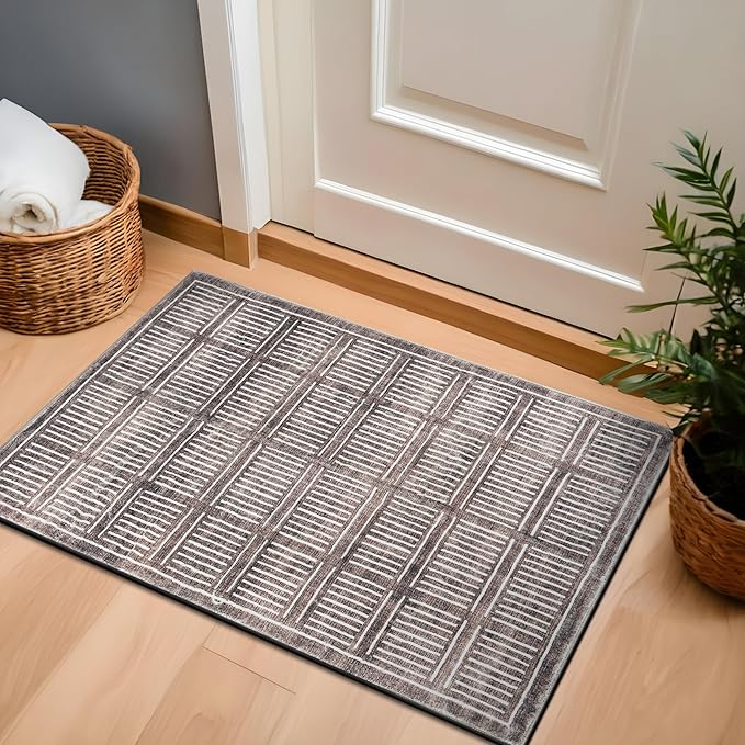 Rugshop Bohemian Stripe Lines Washable Non Slip Area Rug 2' x 4' Brown