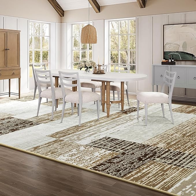 Large Area Rugs,Modern Geometric Patchwork Floor Decor for Bedroom Aesthetic Carpet, Rockwood Collection, Indoor Rugs for Living Room, Dining Room, Nursery, Office, Machine Washable Rug,9x12 Ft Beige