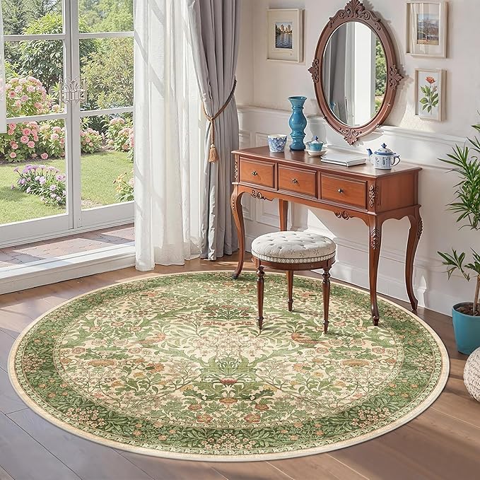 6ft Round Area Rugs for Living Room, Washable Floral Circle Rug Non Slip Low Pile, Vintage Boho Botanical Birds Throw Carpet for Farmhouse, Bedroom, Dining Room, Retro Pink/Green