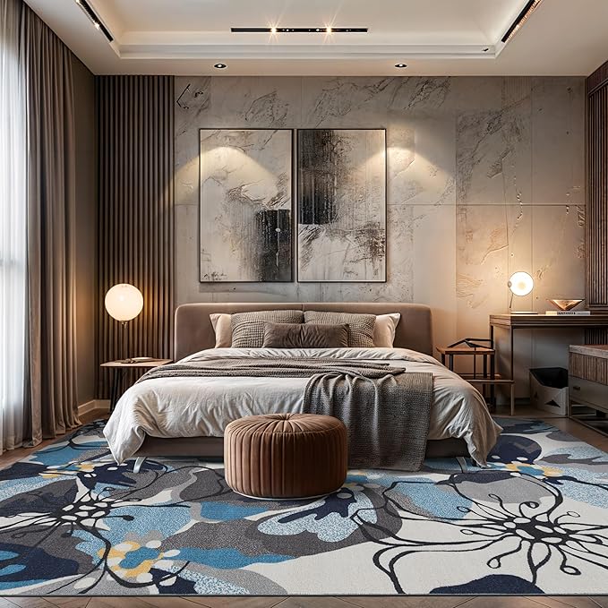 Modern Large Floral Non-Slip (Non-Skid) Area Rug 8 x 10 (7' 10" x 10') Gray-Blue