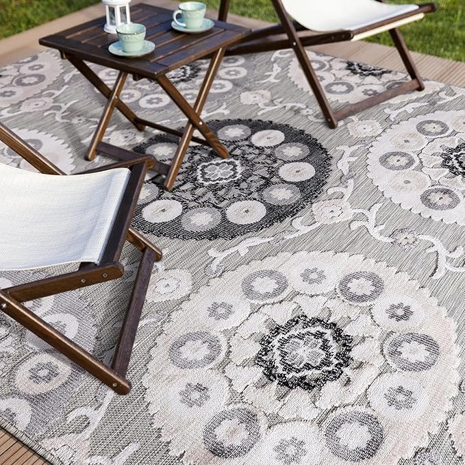 CAMILSON Indoor Outdoor Rug 10x14 Bohemian Medallion Floral Area Rugs for Indoor and Outdoor Patios Easy-Cleaning Non-Shedding Living Room Garden and Kitchen Washable Outside Carpet (10 x 14 / Gray)