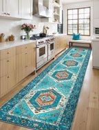 SERISSA Runner Rug for Hallways, 2'6"x14' Washable Non Slip Kitchen Runner Rug, Extra Long Boho Rug Ultra Soft Vintage Blue Print Floor Carpet for Bedroom Hallway Entryway Bathroom Laundry Room