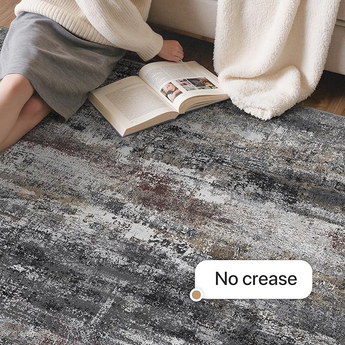 GENIMO No Crease Non Slip 6x9 Area Rugs for Living Room, Craft Woven Modern Abstract Rug, Soft Floor Carpet, Single-Piece Rugs for Bedroom, Dining Room, Office, Dark Gray Brown