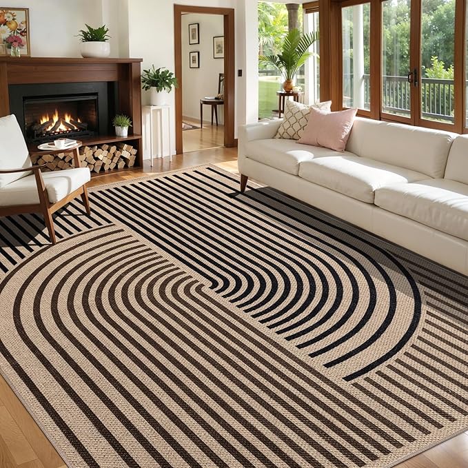 Tangsoo Rainbow Easy Jute Rug 6x9 Washable Area Rugs for Living Room,Black Brown Non Slip Indoor Outdoor Carpet,Farmhouse Modern Office Mat for Backyard Dining Room Patio Bedromm