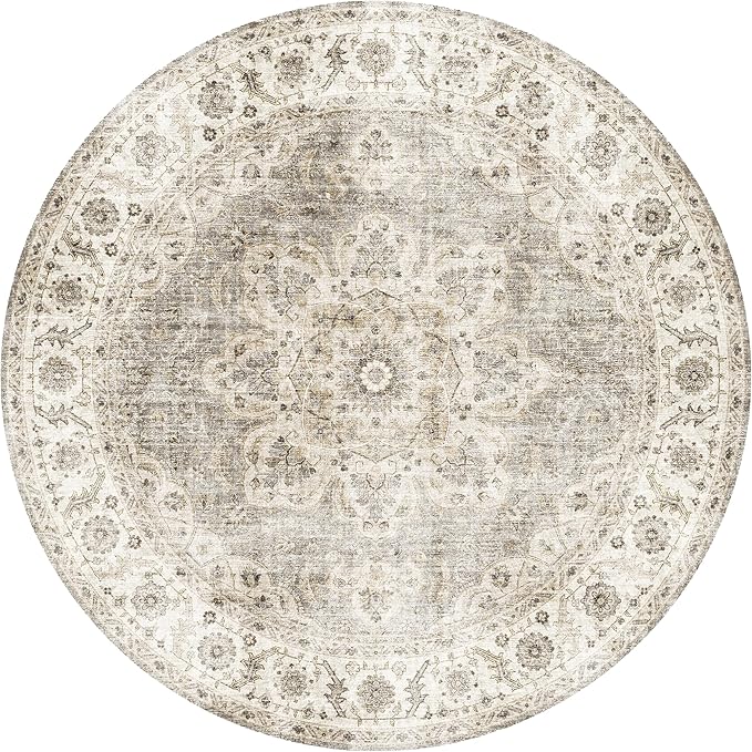 ReaLife Rugs Machine Washable Area Rug - Living Room Bedroom Bathroom Kitchen Entryway Office - Padded Low Pile Stain Resistant Premium - Boho Farmhouse Vintage - Joy - Beige Ivory 6' Round