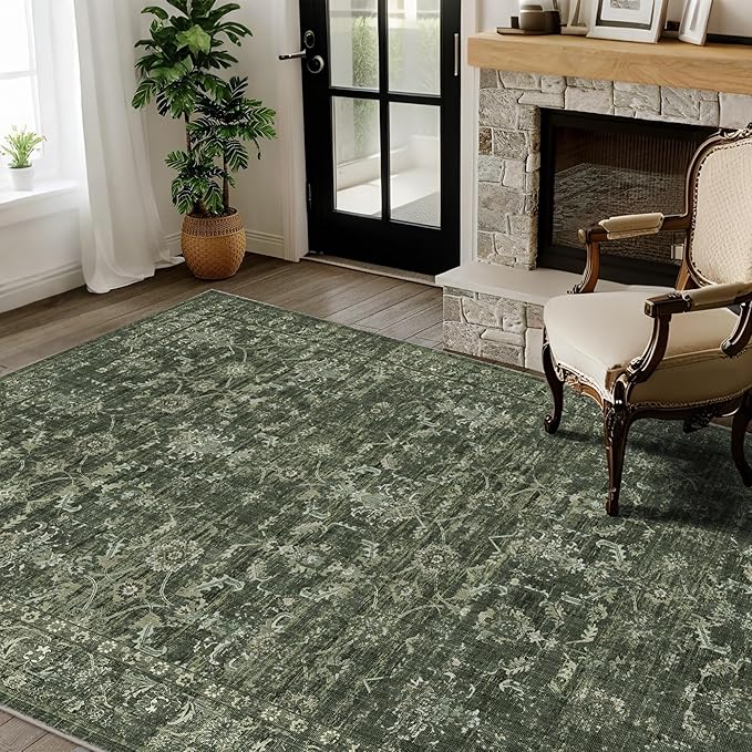 3x5 Washable Area Rugs for Living Room, Vintage Boho Large Rug for Bedroom Dining Room Office, Distressed Floral Print Carpet for Under Table, Soft Non Slip Low Pile Throw Carpet Indoor Mat, Green