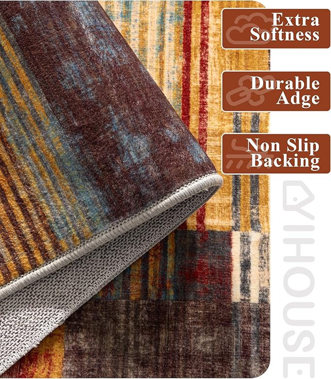 YIHOUSE Brown Area Rug 4x6, Farmhouse Rugs Washable,Vintage Burgundy Carpets for Bedroom,Burnt Orange Area Rug Non Slip,Geometric Boho Rug for Kitchen,Dining Room