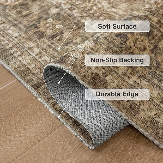 FMFUNCTEX 4ft Round Washable Area Rug Brown Vintage Neutral Distressed Small Non Slip Carpet for Living Room Bedroom Soft Low Pile Indoor Mat Retro Floral Throw Rug for Dining Room Kitchen Office