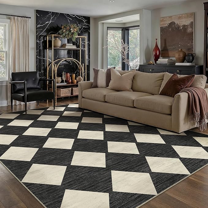 8x10 Checkered Area Rugs for Living Room Black Machine Washable Large Rug Non-Slip Stain Resistant Low Pile Boho Accent Indoor Throw Carpet for Bedroom Dining Room Home Aesthetic Decor