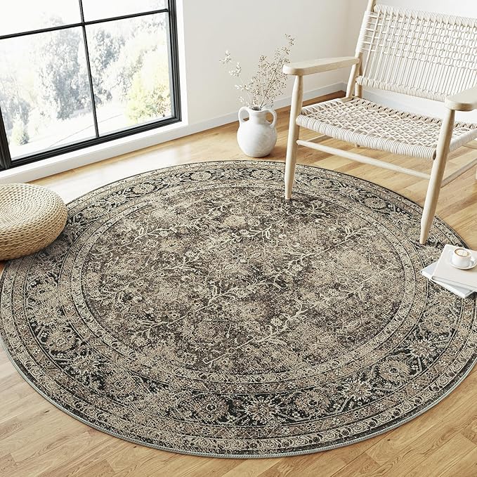Brown Round Area Rug 8ft Washable 8x8 Circle Vintage Low Pile Indoor Large Kitchen Living Room Carpet Non Slip Traditional Distressed Retro Accent Throw Rug Office Dining Room