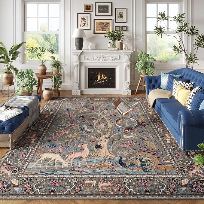 Rugcomf Area Rugs 5x7 Vibrant Tree of Life-Patterned Vintage Washable Area Rug Non Slip Low Pile Large Rugs for Living Room Bedroom Farmhouse Dining Room Kids Playroom, Grey