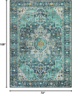 Moynesa Ultra-Thin Washable Vintage Area Rug - 6x9 Teal Large Dining Room Rug for Bedroom, Non-Shed Living Room Mat, Indoor Oriental Medallion Hardwood Floor Carpet for Office Home Decor