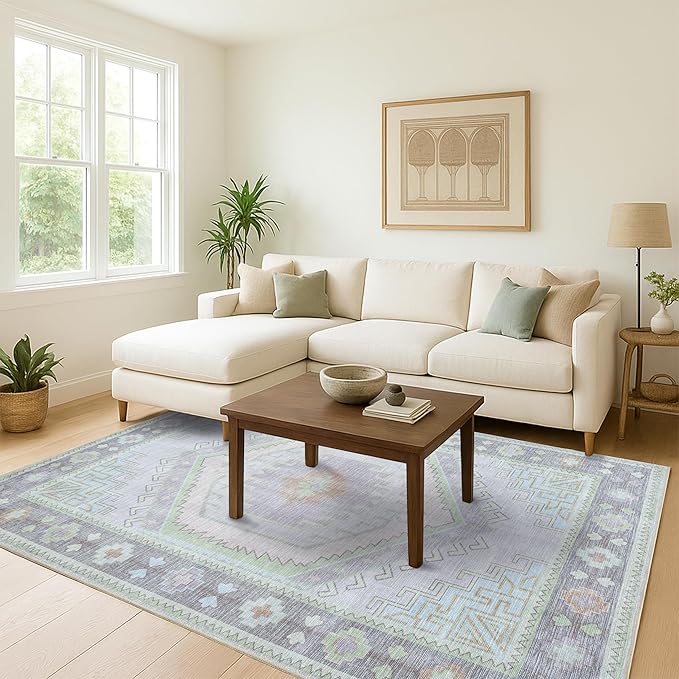 Fame Living Washable Area Rug. Modern Farmhouse. Vintage. Turkish. Bohemian. Distressed. Oriental. Traditional. Rugs for Living Room. Dining. Bedroom. Office. Entryway. Foyer. (856GrnCrm, 2'5" x 6'5")