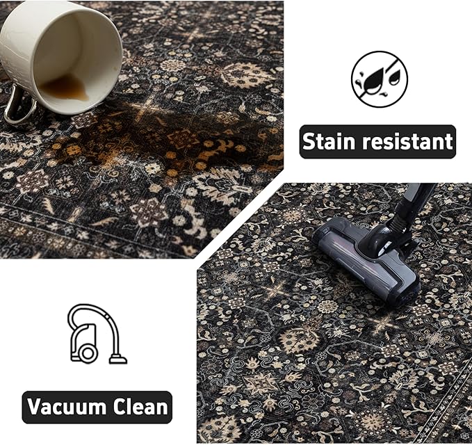 Area Rug Non Slip Machine Washable Ultra Soft Living Room/Bedroom/Kitchen/Outdoor/Classroom Black Grey, 2'×6'