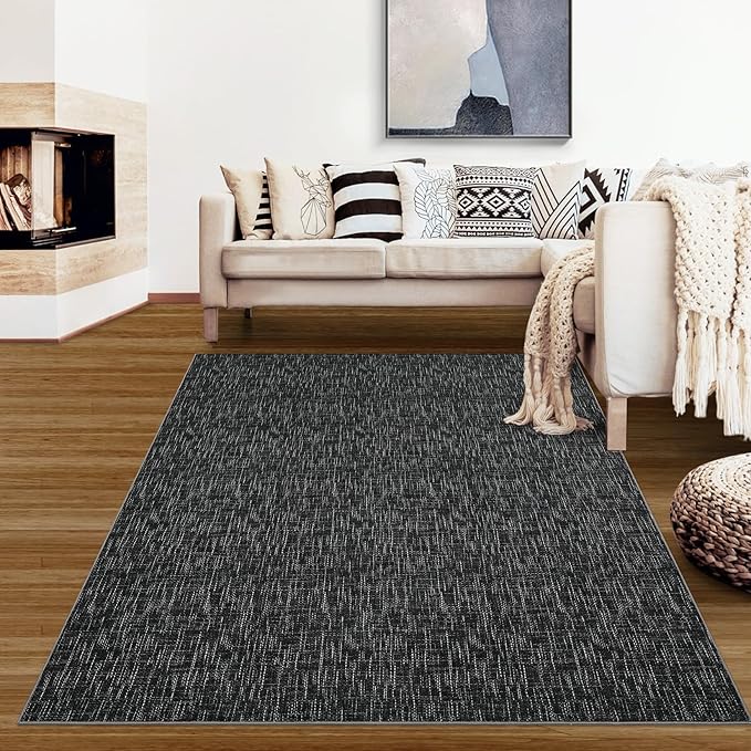 RUGSREAL Living Room Area Rug 9x12 Machine Washable Rug Non-Slip Stain Resistant Modern Abstract Bedroom Rug Contemporary Throw Floor Carpet for Dining Room Solid Area Rug for Home Office, Black