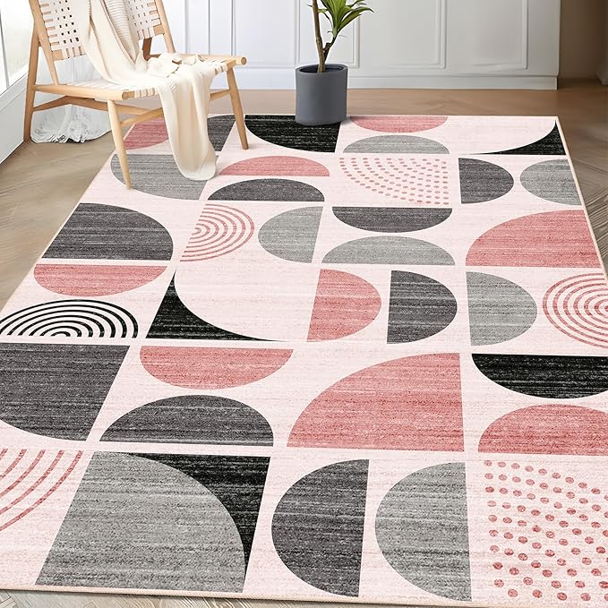 MUJOO Pink Rug Boho Washable,3x5 Area Rugs for Bedroom Entryway Living Room Bedside,Small Throw Floor Carpet Non Slip Soft Indoor Modern Abstract Pink and Grey