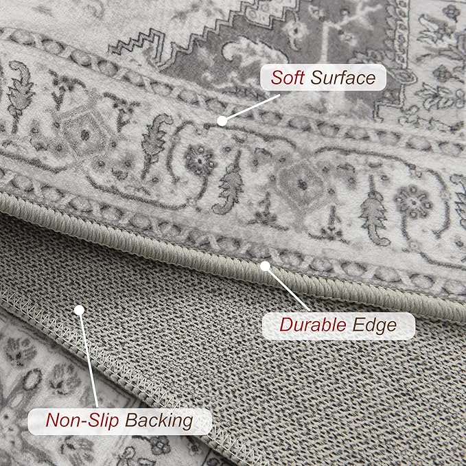 XWZO Entryway Area Rug 2x3ft — Soft Vintage Low Pile Non-Slip Backing Door Floor Mat for Bedroom Bathroom Kitchen Laundry, Spill Resistant Washable Small Indoor Carpet for Doorway & Entrance, Grey