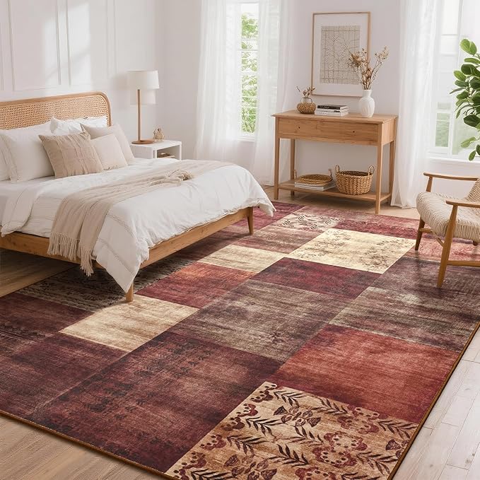 Tepook Modern Area Rug for Living Room, 6x9 Geometric Large Rugs for Bedroom, Washable Patchwork Rug Indoor Non-Slip Throw Carpets for Dining Room Office Farmhouse Home Decor, Red