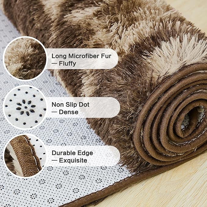 Andency 6x9 Area Rugs, Large Shag Fluffy Soft Shaggy Rugs for Living Room Bedroom, Non-Slip Tie-Dyed Brown Thick Plush Carpet for Kids Girls and Boys, Dorm Nursery Home Decor Aesthetic