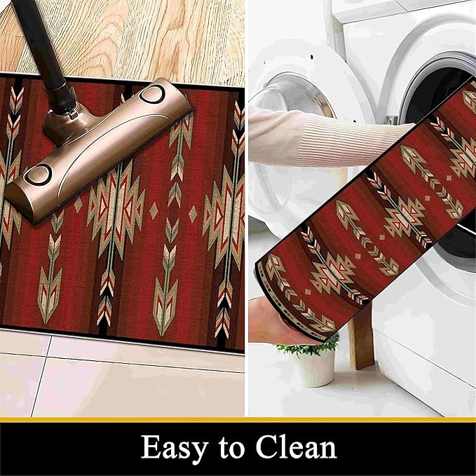Red Arrow Runner Rug, 3x12ft Retro Geometric Hallway Runner Rug - Corridor & Busy Home Foyer Rugs, Washable Flannel Non-Slip Mat, Southwestern Tribe Decor Carpet for High-Traffic Areas