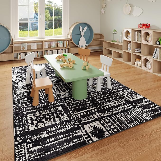 Rugcomf Area Rugs 8x10 Rug for Living Room Clearance Washable Boho Area Rug Non Slip Moroccan Vintage Low Pile Large Rug for Living Room, Bedroom, Farmhouse, Dining Room, Kids Playroom(Black)