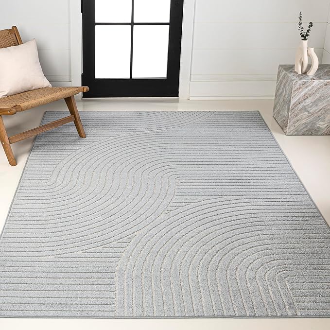 JONATHAN Y Hallie High-Low Curve Light Blue/Cream 8x10 Indoor/Outdoor Area Rug, Minimalist Geometric, Pet Friendly, for Patio, Backyard, Living Room, Bedroom, Office, Hose-Washable (SCN100E-8)