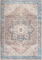 GLN Rugs Traditional Collection - Machine Washable Area Rug, Traditional Washable, Non Slip, Low Pile Chenille Rug, Living Room, Bedroom, Kitchen Rug (4' x 6' Brown/Blue)