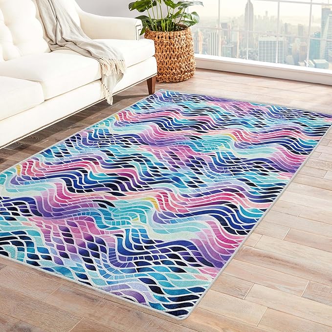 Colorful Wave Rug, 5x7 Rug, Abstract Watercolor Rugs for Living Room Bedroom, Watercolor Large Area Rug, Washable Rug Non Slip Soft Indoor Carpet, Colorful Wave Home & Room Decor