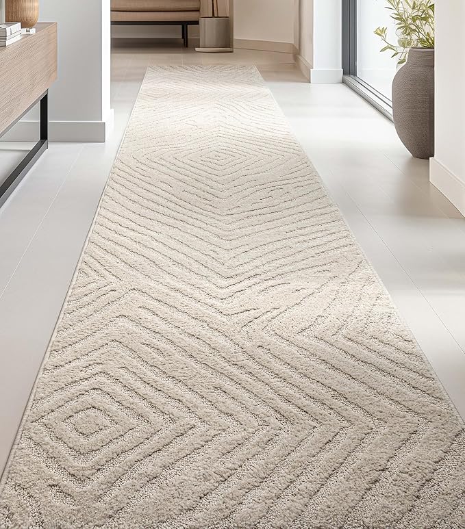 Well Woven Custom Size Hallway Stair Runner - Choose Your Length - 27 Inches Wide x 9 Feet Long Runner (27" x 9' Runner) Rug - Ivory Relajo Soft Touch, Modern Geometric - Hi-Lo Pile