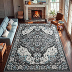 YJ.GWL Area Rugs for Living Room 9x12 Machine Washable Rugs, Non Slip Floral Vintage Rug Indoor Carpet, Stain Resistant Large Rug for Bedroom Dining Room, Black Grey Blue