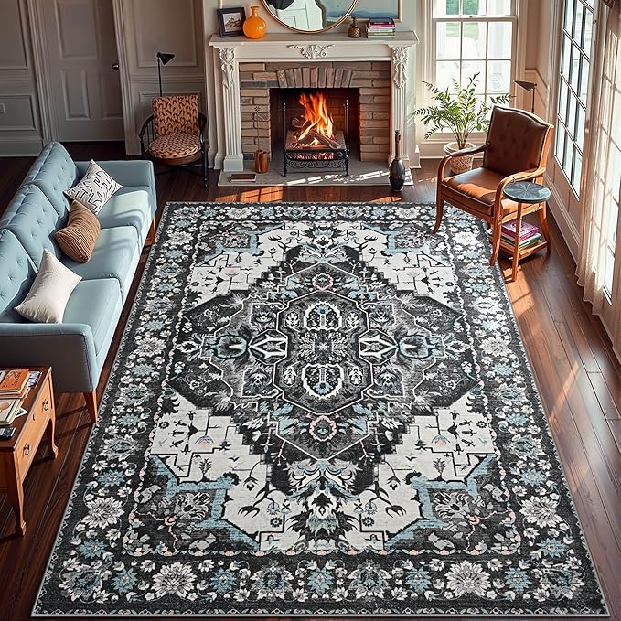 YJ.GWL Area Rugs for Living Room 9x12 Machine Washable Rugs, Non Slip Floral Vintage Rug Indoor Carpet, Stain Resistant Large Rug for Bedroom Dining Room, Black Grey Blue