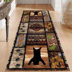 Wild Animal Bear Long Runner Rug, 2x10ft, Brown Geometric Stitching Non-Slip Kitchen Mat, Animal Bear and Plant Pine Cone Autumn Leaf Print Entrance Carpet, Southwest Country Style Indoor Decoration