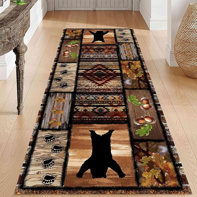 Wild Animal Bear Long Runner Rug, 3.3x7ft, Brown Geometric Stitching Non-Slip Kitchen Mat, Animal Bear and Plant Pine Cone Autumn Leaf Print Entrance Carpet, Southwest Country Style Indoor Decoration