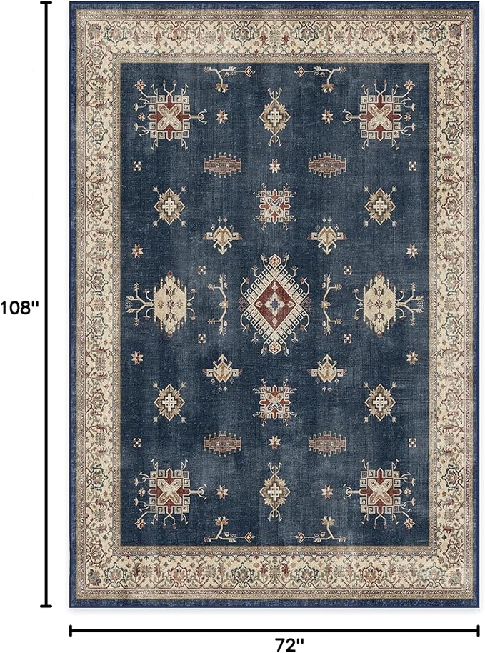 RUGGABLE Washable Vintage Area Rug – Verena Sapphire 6x9, Stain-Resistant, Non-Slip – Medium Machine Washable Rugs for Living Room, Bedroom, Hallway, Entryway & Office–with Cushioned Pad