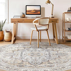 Round Rug Living Room Rugs: 5Ft Washable Boho Neutral Large Circle Soft Indoor Distressed Stain Resistant Floor Farmhouse Carpet for Bedroom Nursery Kids Playroom Office Dining Room Dorm- Cream Gray