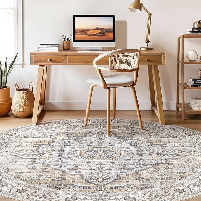 Round Rug Living Room Rugs: 6x6 Washable Boho Neutral Large Circle Soft Indoor Distressed Stain Resistant Floor Farmhouse Carpet for Bedroom Nursery Kids Playroom Office Dining Room Dorm- Cream Gray