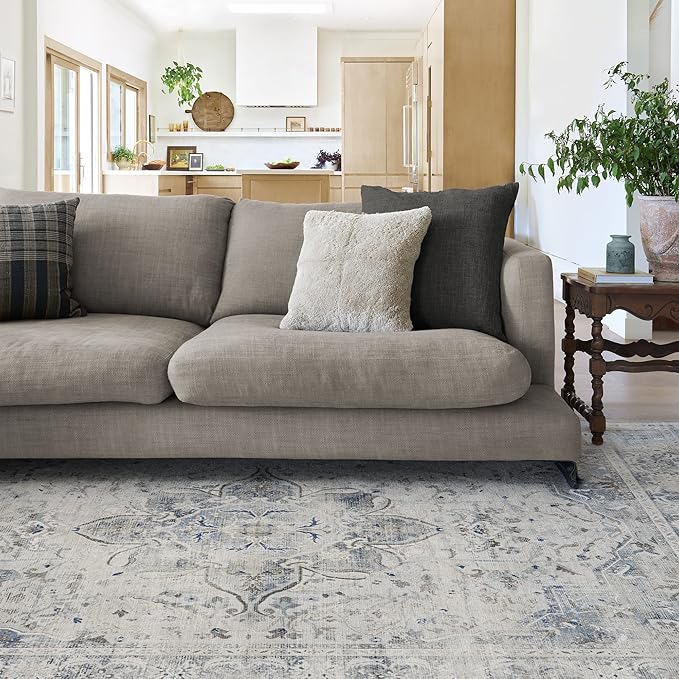 RUGGABLE Washable Vintage Area Rug – Sarrah Blue Quartz 6x9, Stain-Resistant, Non-Slip – Medium Machine Washable Rugs for Living Room, Bedroom, Hallway, Entryway & Office–with Standard Pad