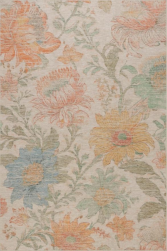 Dash & Albert Zell Multi Machine Washable Rug, 7.5 X 9.5 Feet, Multicolored/Tan Floral Pattern
