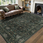 5x7 Floral Washable Area Rug for Living Room, Vintage Boho Large Rug for Bedroom Dining Room， Distressed Botanical Birds Non Slip Low Pile Forest Animal Throw Carpet for Farmhouse Office, Dark Green