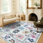 Fame Living Colorful Oushak Rug, Modern Small Rugs, Vintage, Turkish, Eclectic, Floral, Pastel, Washable, Door Mat, Doormat for Indoor Entrance, Entryway, Kitchen, Bathroom, Bedroom, Laundry, 2'x3'