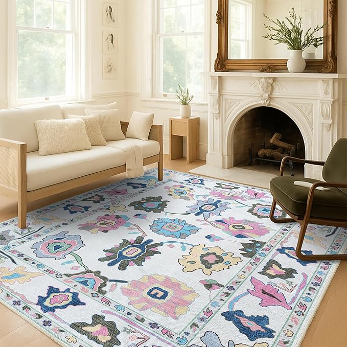 Fame Living Colorful Oushak Runner Rug, Modern Runners, Vintage, Turkish, Eclectic, Floral, Pastel, Washable, Runner for Hallway, Kitchen, Bedroom, Bathroom, 2'5"x9'8"