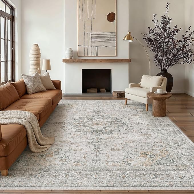 8x10 Washable Vintage Area Rug for Living Room Bedroom Soft Tranditional Non Slip Large Throw Rug Lightweight Floral Low Pile Distressed Carpet Office Playroom Dining Room