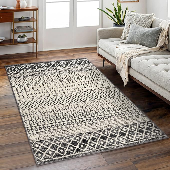 Boho Rugs for Living Room, 4x6 Moroccan Vintage Non-Slip Large Area Rug, Machine Washable Low-Plie Kitchen Mat Accent Rug for Bedroom Playroom Dining Room