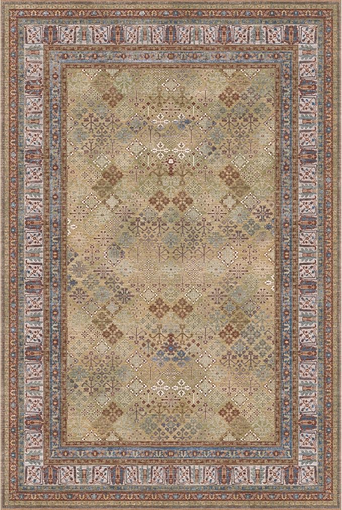 Kuden 8x10 Large Area Rug, Machine Washable Area Rug with Non-Slip Backing, Vintage Style, Soft, Easy Clean, Low Pile Rug for Living Room, Bedroom, Dining Room