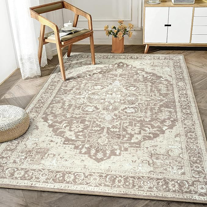 Bloom Rugs Washable Non-Slip 4' x 6' Rug - Light Brown Traditional Medallion Area Rug for Living Room, Bedroom, Dining Room, and Kitchen - Exact Size: 4' x 6'