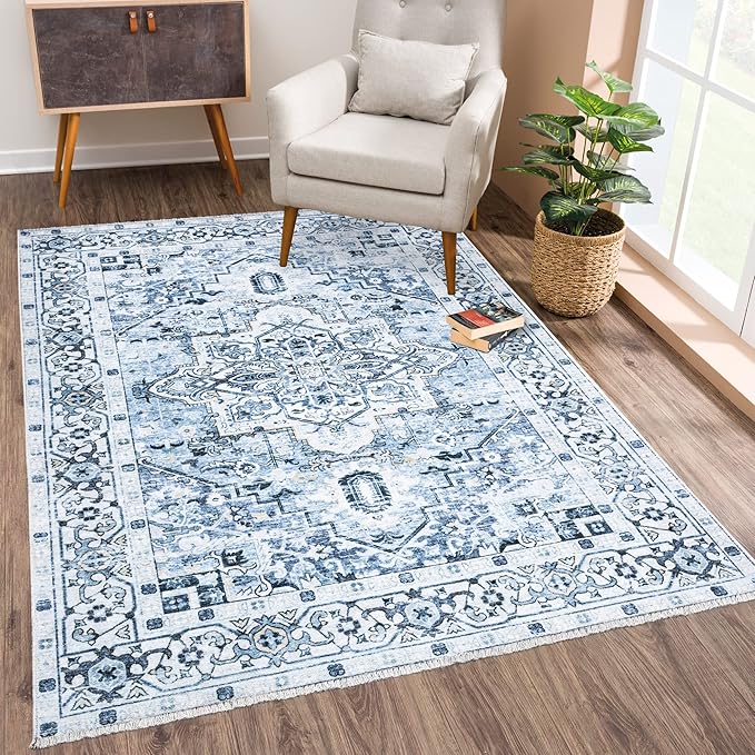 Bloom Rugs Caria Washable Non-Slip 6x9 Rug - Blue Traditional Area Rug for Living Room, Bedroom, Dining Room, and Kitchen - Exact Size: 6' x 9'