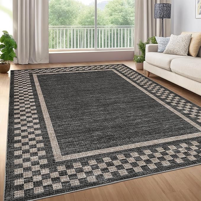 GarveeHome Area Rug 10x13 Living Room Rug Modern Bordered Soft Large Area Rugs for Bedroom Washable Checkered Dining Room Throw Carpet Non Slip Stain Resistant Geometric Rugs for Home Office, Black